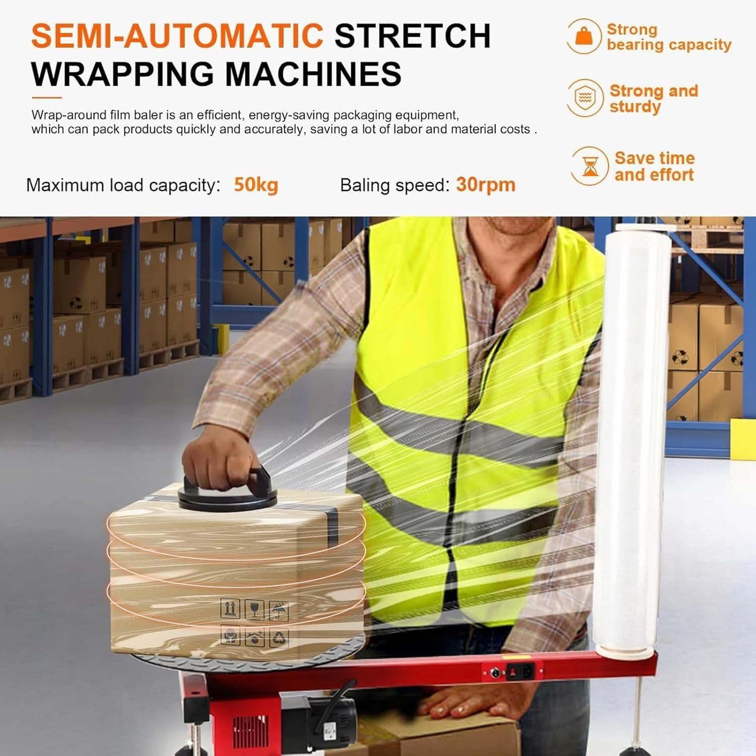 Stretchfolie Palettenverpackungsmaschine 50 U/min Geschwindigkeit für Kartons, Kisten, Paletten