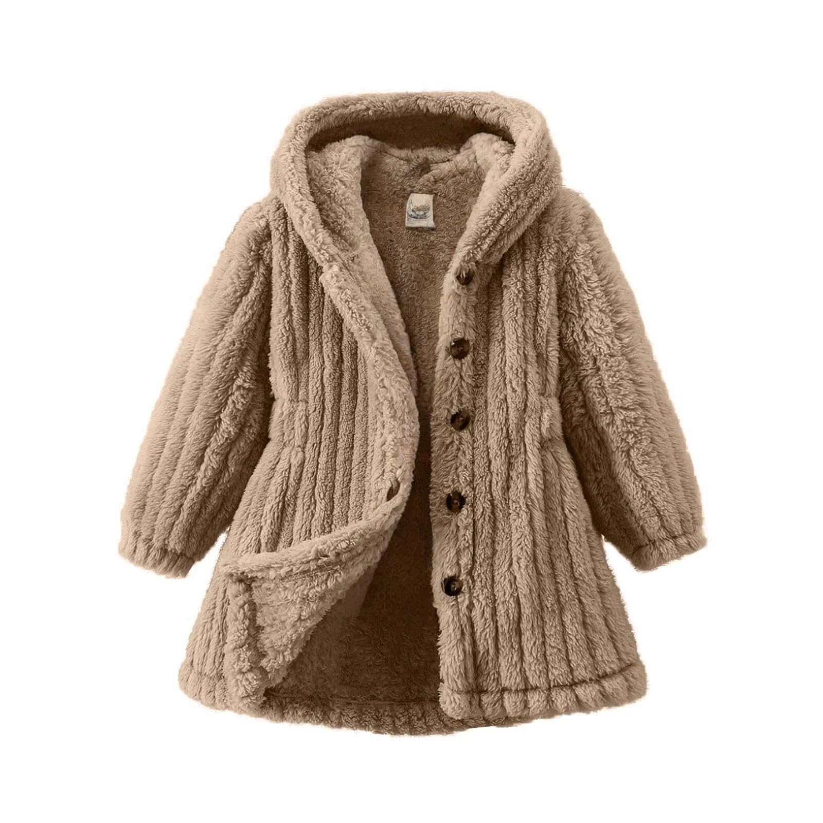 Girls Sherpa Fuzzy Coats Winter Padded Fleece Hooded Jackets Teen Kids Button Open Front Warm Windproof Outwear