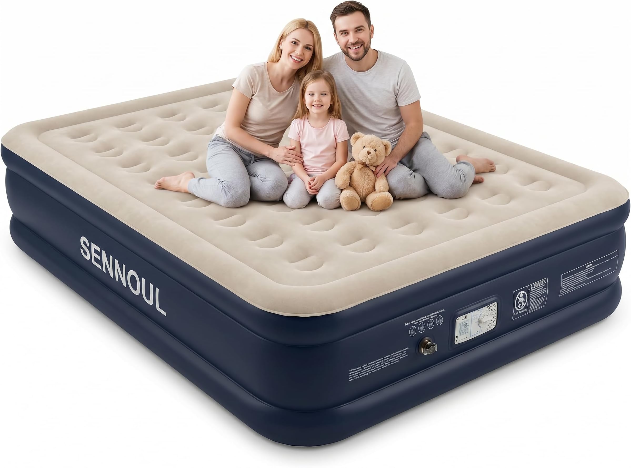 SENNOUL Air Mattress Queen with Built in Pump, Inflatable Mattress Blow Up Mattress 16 Raised Comfort,Upgraded Surface Portable Bed, Air Bed for Home, Guest, Camping, Colchone Inflable, 650 lbs