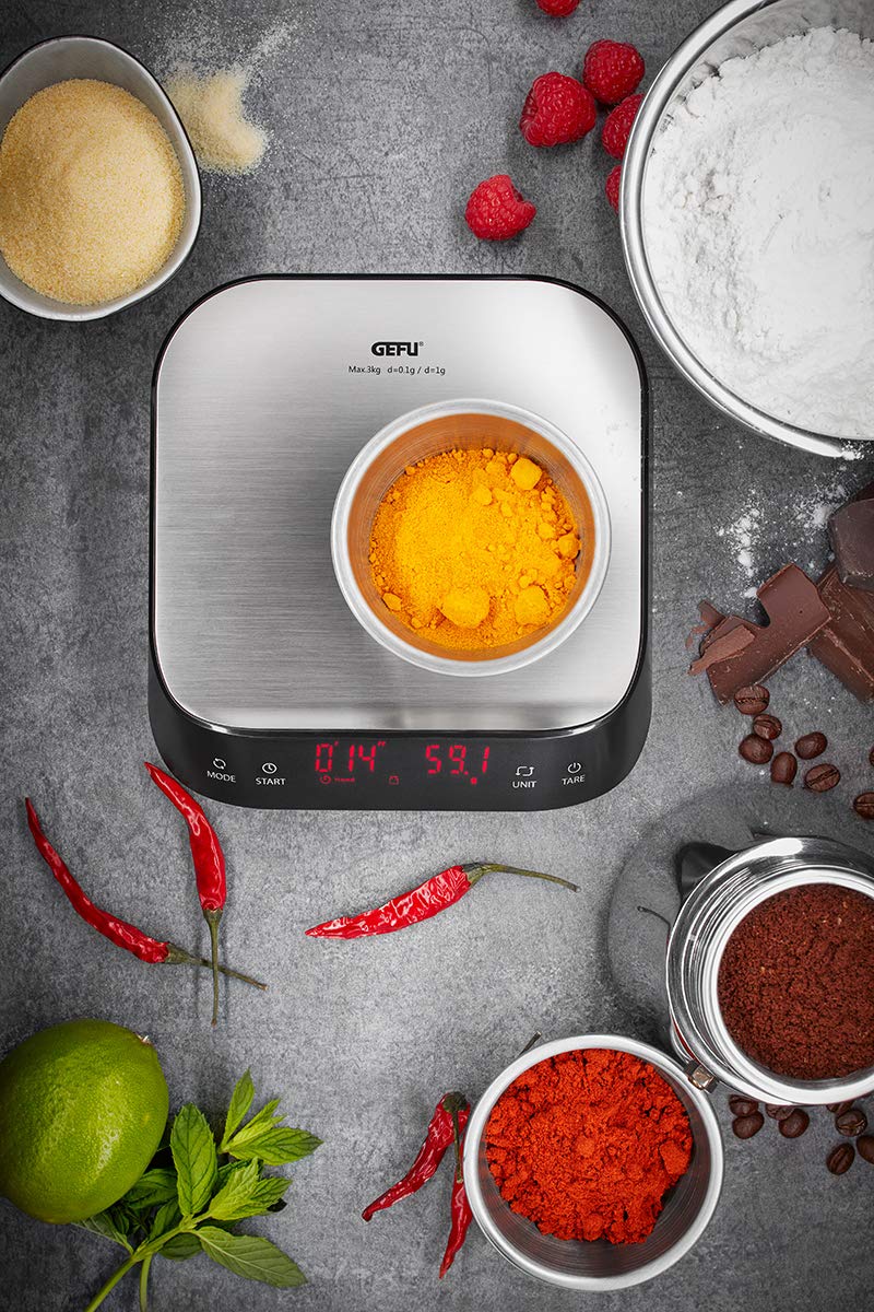 GEFU Fein- & Küchenwaage PREZISO | Digitalwaage 1 g–3 kg mit 0,1 g Teilung, Barista-Funktion, LED-Display | Für Kaffee, Tee, Gewürze, Backen | Edelstahl, inkl. Batterien