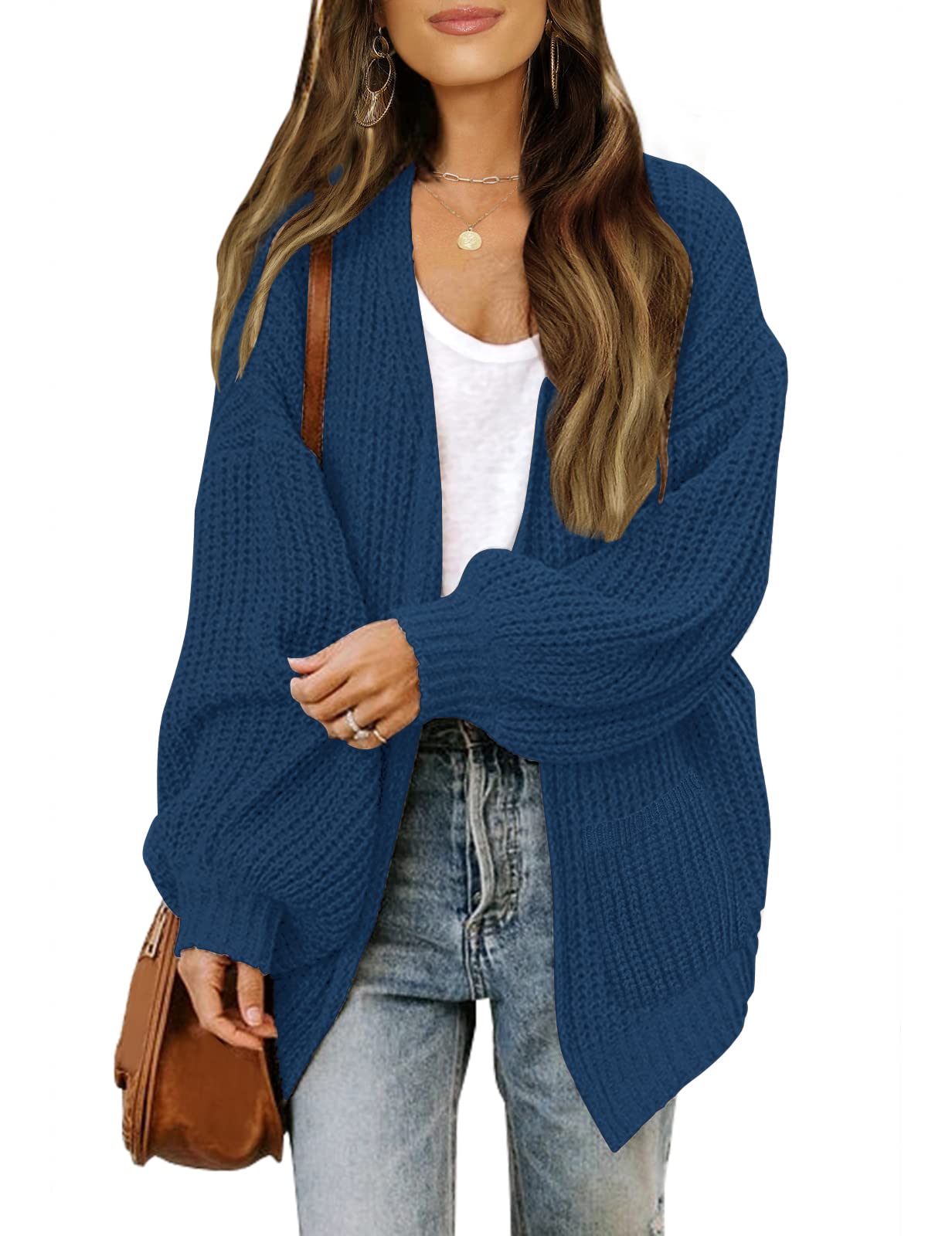 MEROKEETY Women's Open Front Long Lantern Sleeve Cardigan Oversized Chunky Outwear with Pocket