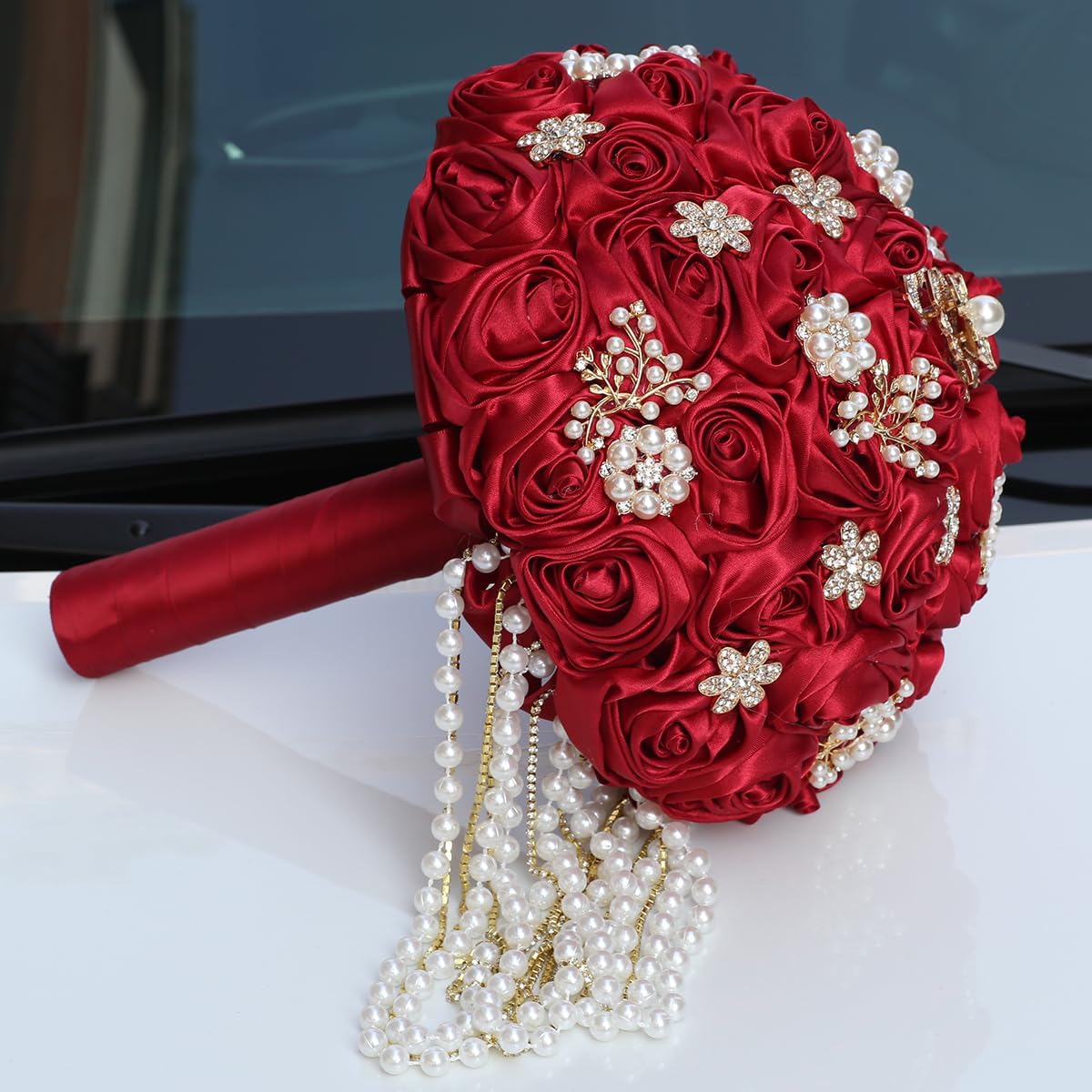 Handmade Satin Rose Water Drop Bridal Bouquet,8.7inch Crystal Wedding Round Tossing Bouquet,Jewelry Proposal Bridesmaid Bouquet Groom Corsage Bride Wrist Flower Ivory (26#red)