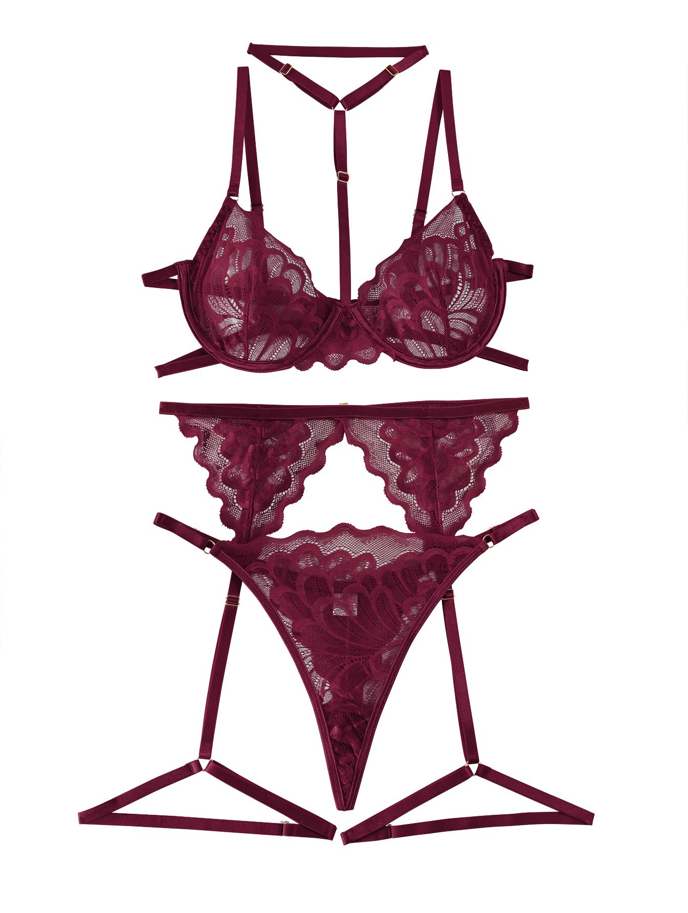 Lilosy Sexy Choker Floral Lace Scallop Sheer Underwire Push Up Garter Belt Lingerie Set 3 Piece: Medium Burgundy Red