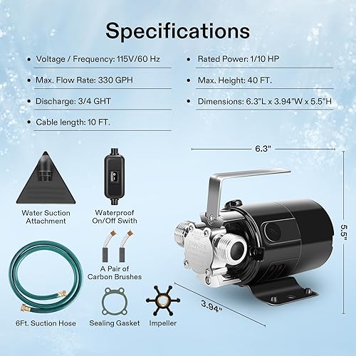 Miniatura 2 de VIVOSUN Bomba de transferencia de agua de 115 V, bomba eléctrica portátil de 110 HP 330 GPH con interruptor de encendidoapagado y kit de manguera de