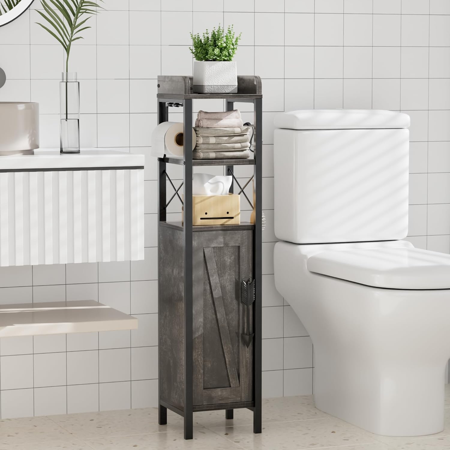 VECELO Small Bathroom Storage Cabinet, Slim Toilet Paper Holder with Shelves & Metal Racks, Organizer Cabinet for Narrow Spaces, Iron Gray, Farmhouse Style