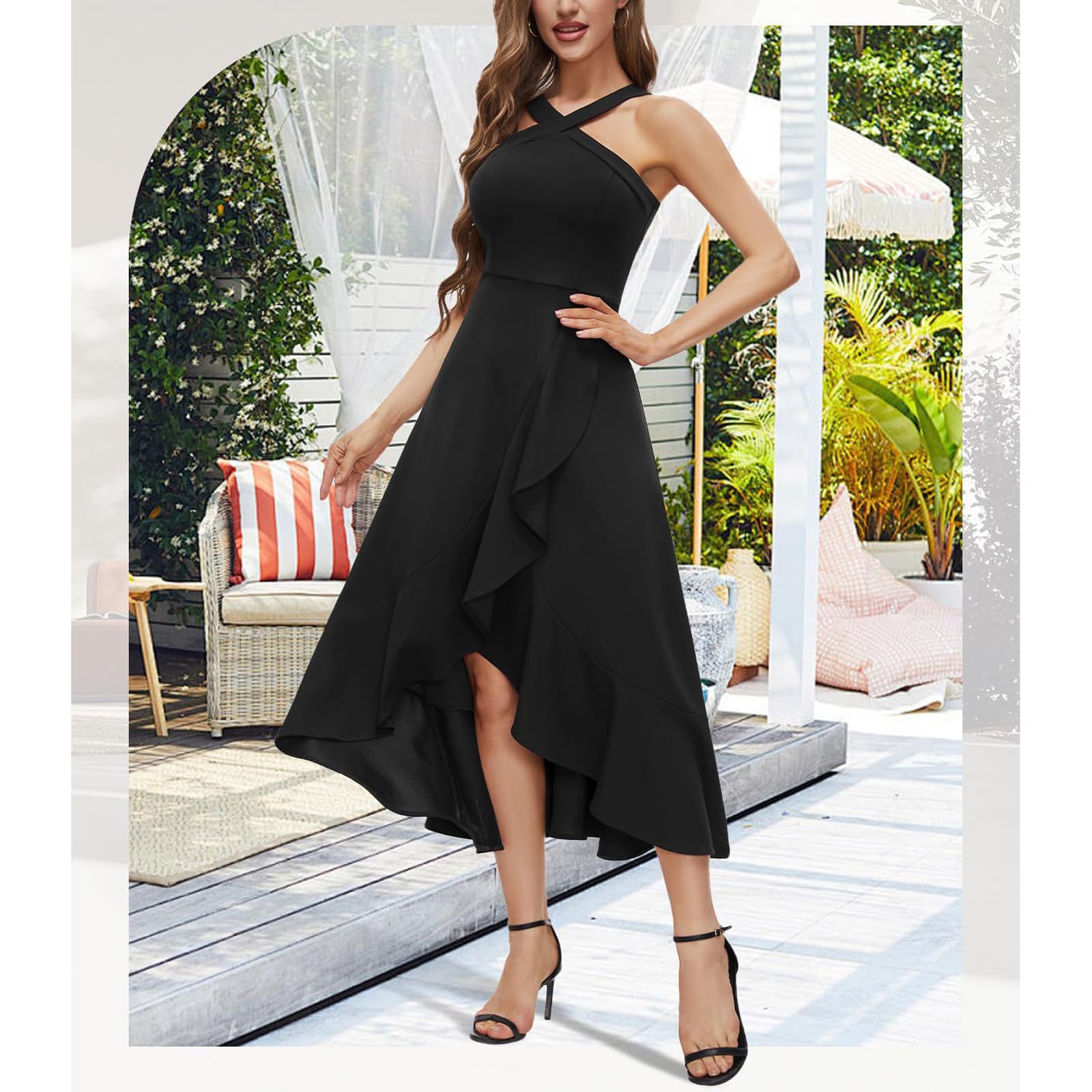 Robe de Cocktail Femme Robe de Soirée à Volants sans Manches avec Bretelles Robes Mi Longue Fluide de Mariage Elégant pour Fête Bal Promo Cérémonie