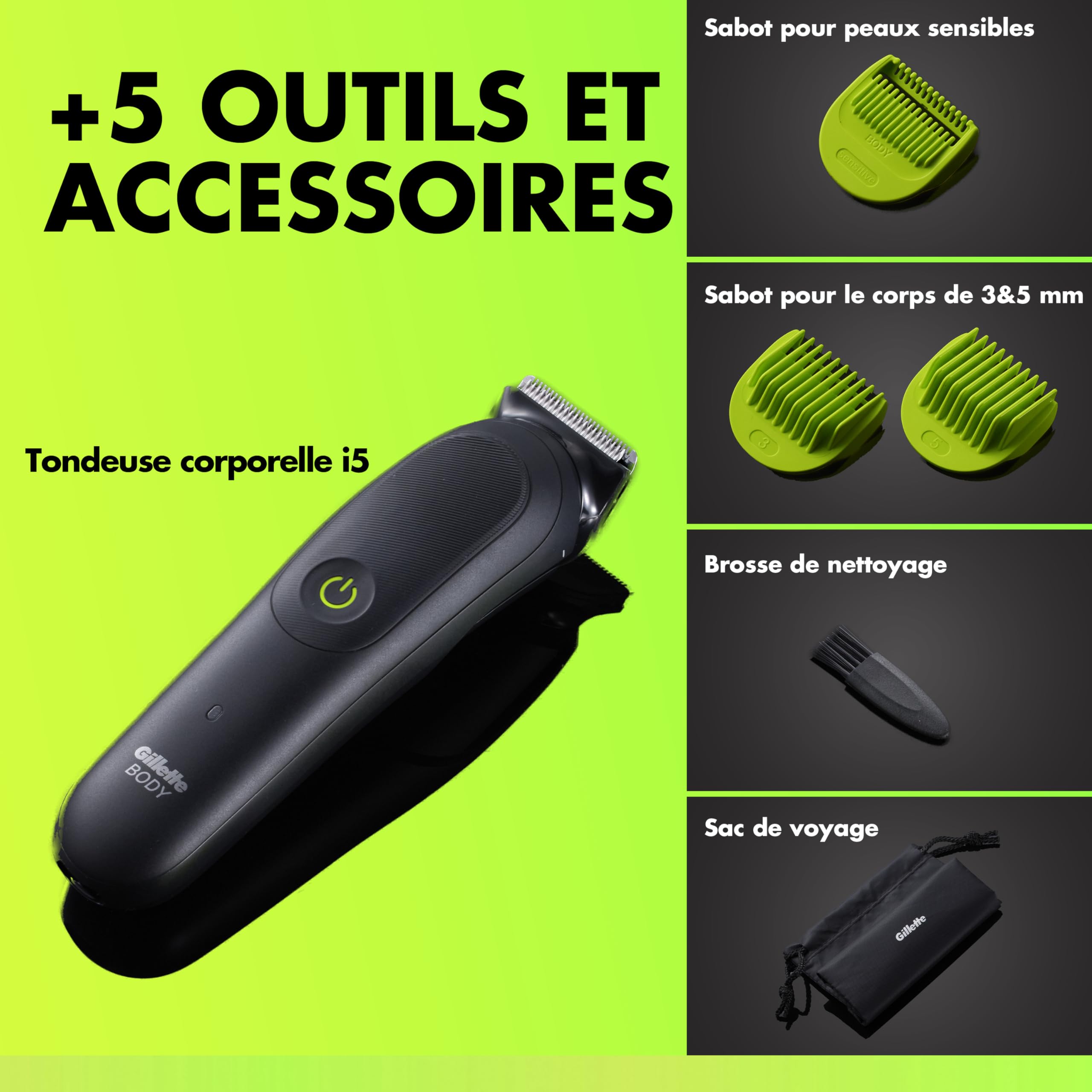 Gillette Labs Body Plus Intimate Tondeuse Homme i5, Tondeuse Corps et Zone Intime, Étanche, Coffret Homme avec 3 Sabots dont un pour Peau Sensible, Technologie Autosense, Batterie Rechargeable Incluse