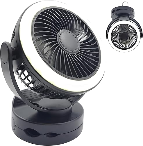 Ventilador de refrigeración recargable USB portátil de 5000 mAh, con clip giratorio de 360, ventilador de pared con gancho y luz, 4 velocidades,