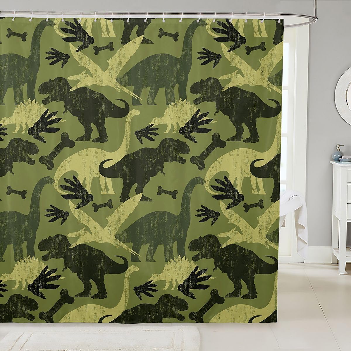 jejeloiu Camouflage Dino Shower Curtains Dinosaur Bathroom Curtain for Kids Women Men Cute Funny Green Camo Bathroom Accessories Waterproof Polyester Fabric for Stalls Bathtubs 72"x72"