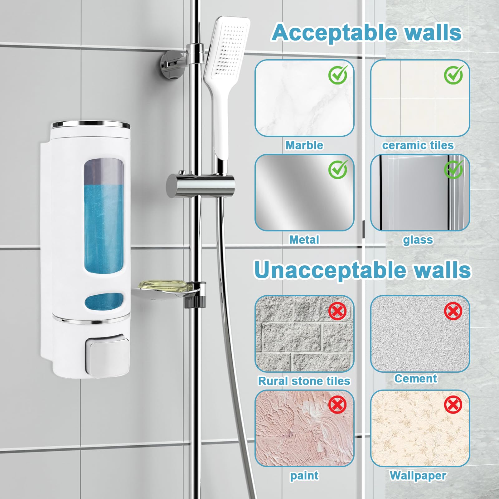 Dispenser di sapone da 400 ml con fissaggio a parete – Facile da montare | scomparto singolo per shampoo, bagnoschiuma e sapone per le mani – Pratico per il bagno e la cucina