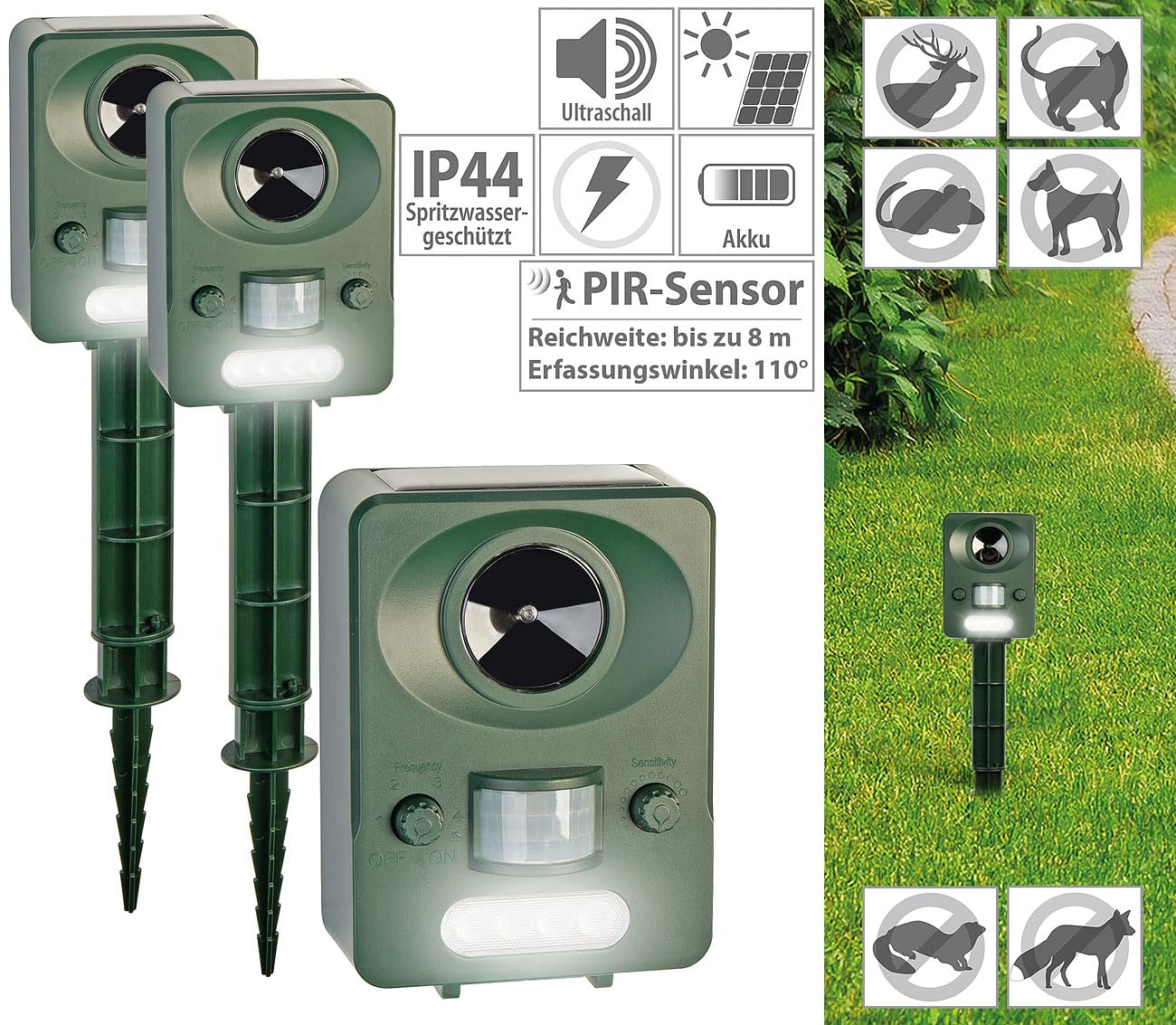 Exbuster repellente per gatti: Set di 2 Repellente per animali a ultrasuoni solare USB, Pannello solare, Batteria (rilevatore di movimento acustico, dispositivo animali, mouse)