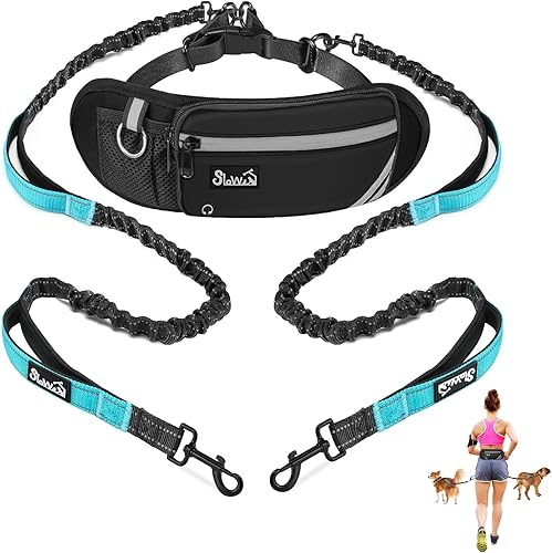 Correa para perro manos libres con bolsa extraíble con cremallera, correas elásticas que absorben los golpes, doble asa y costuras reflectantes,