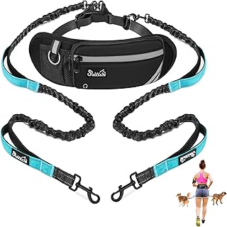 Eyein Joggingleine mit Bauchgurt für 2 Hunde, Freihändig Hundeleine mit Abnehmbare Gürteltasche, Reflektierende Laufleine mit stoßdämpfendem Bungee und Dual Griffe zum Joggen Laufen (M für 2 Hunde)