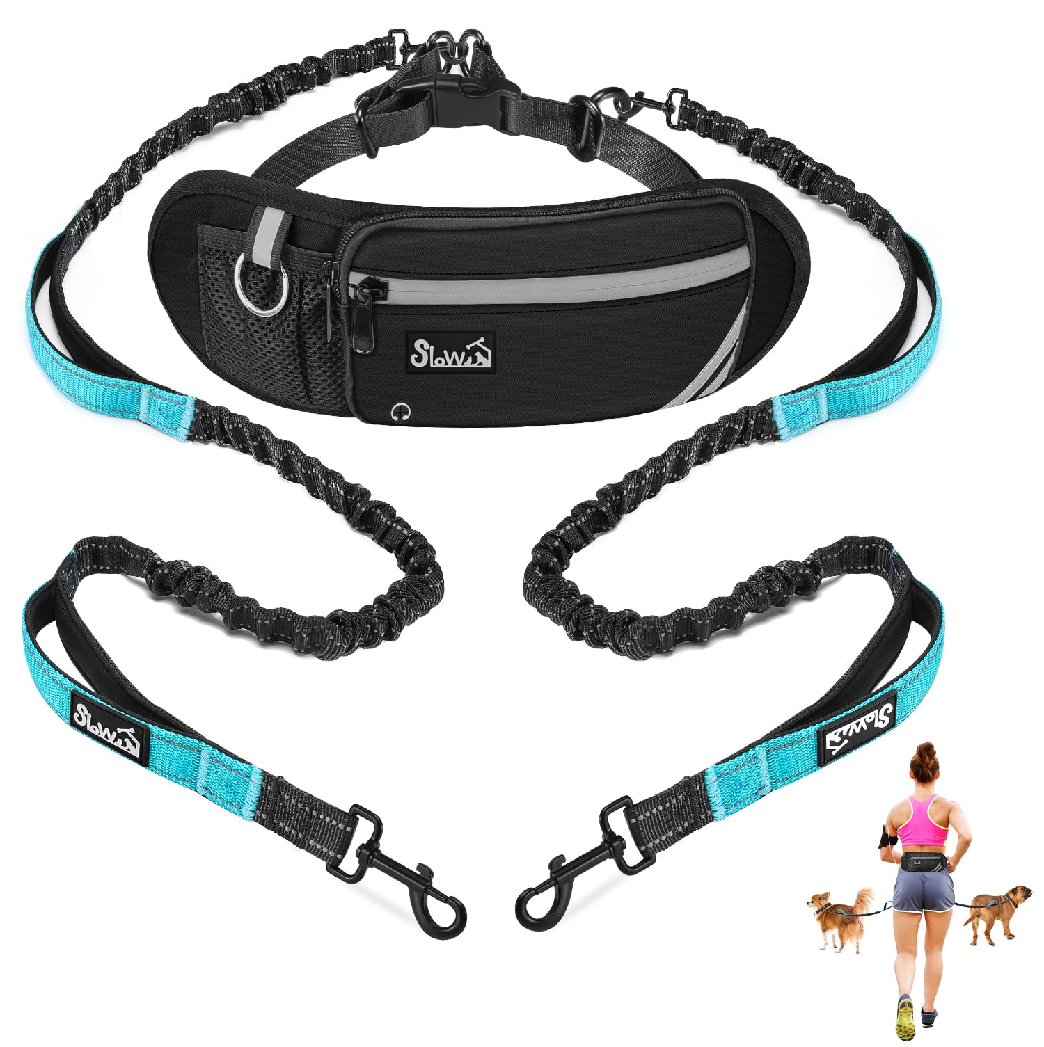 Hands Free Dog Leash for 2 Dogs, Adjustable Waist Belt with Zipper Pouch, Dual Handle Retractable Elastic Bungee with Reflective Stitches for Medium and Large Dogs Training Running