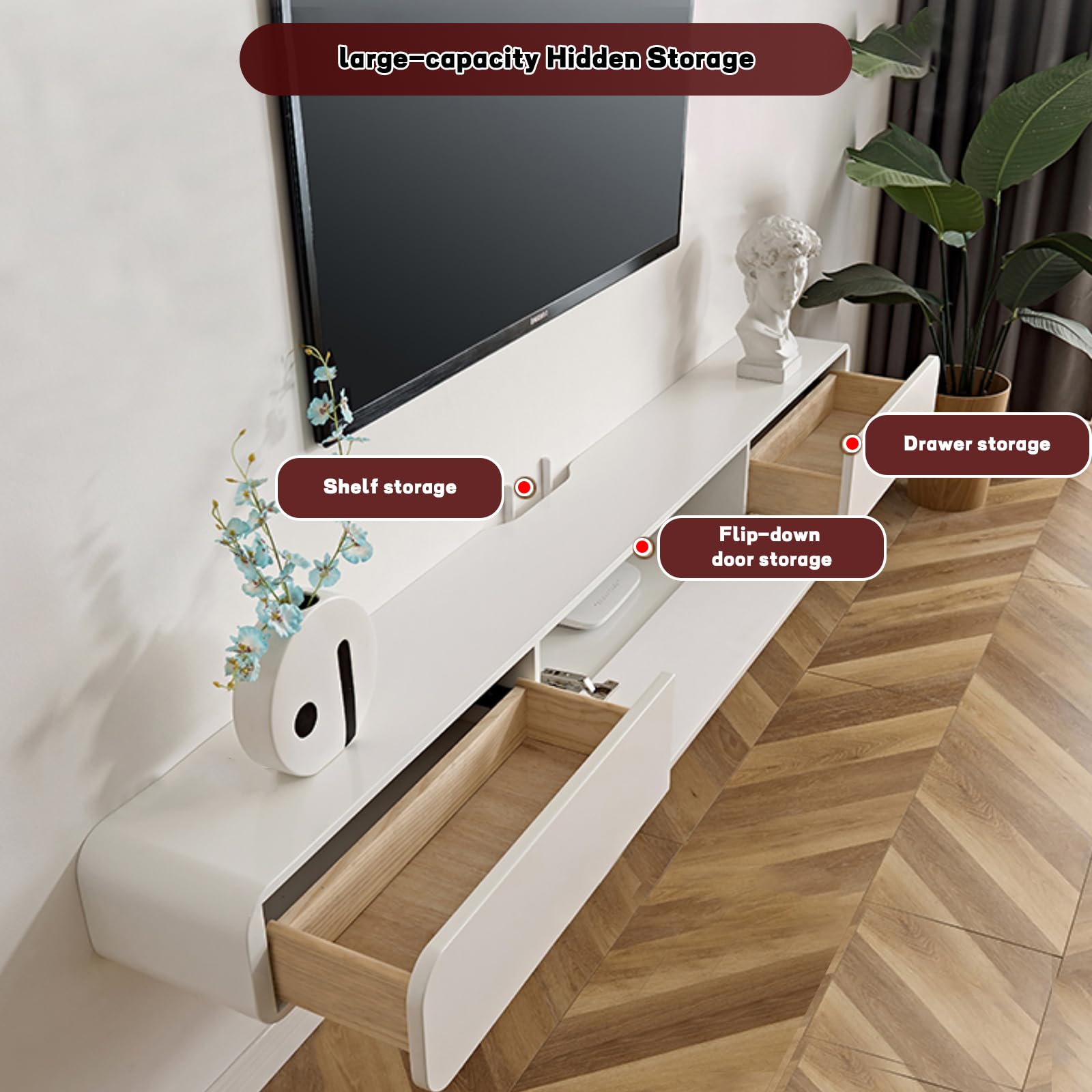 Mueble TV Colgante de Madera Maciza 140 cm con 2 Cajones | muebles tv colgante Parete Consolle Multimediale per Sala de estar, dormitorio