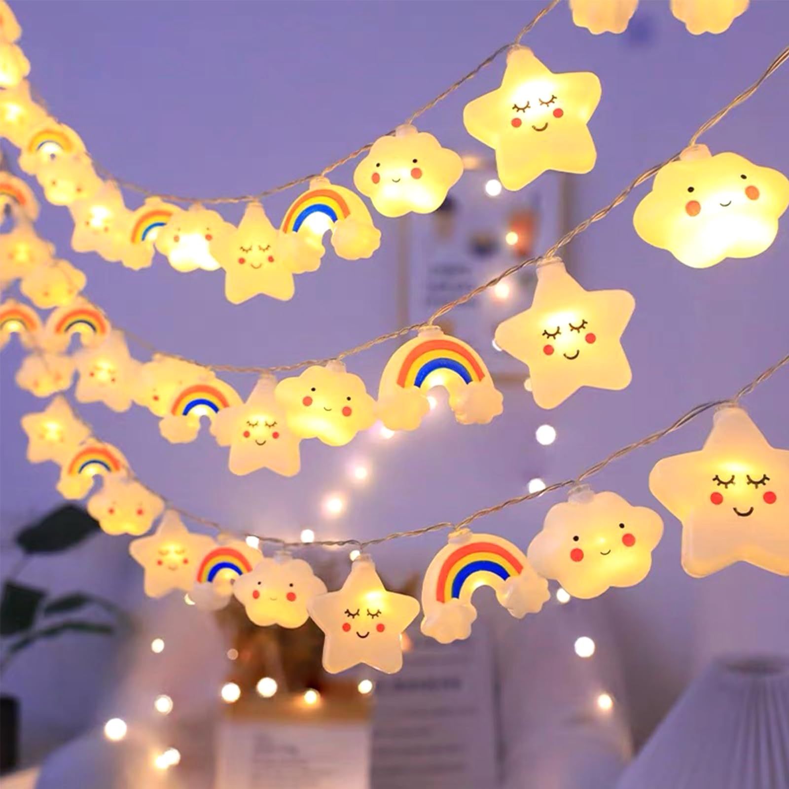 ENLACE Nube estrella arco iris cadena de luces, 1,5 m, 10 luces LED para habitación infantil, funciona con pilas, cadena de luces interior y exterior para habitación infantil, ventana, jardín, boda