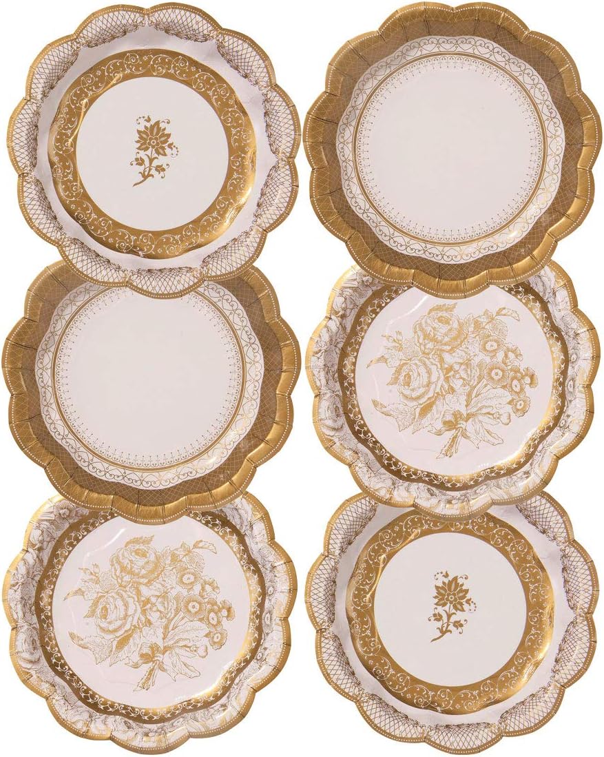 Pack of 12 Gold Vintage Porcelain Style Small Paper Dessert Plates (17cm) 3 Designs - Unique, Glamorous, Elegant, Disposable Tableware - For Christmas Table, Birthday Party, Weddings, Anniversary, NYE