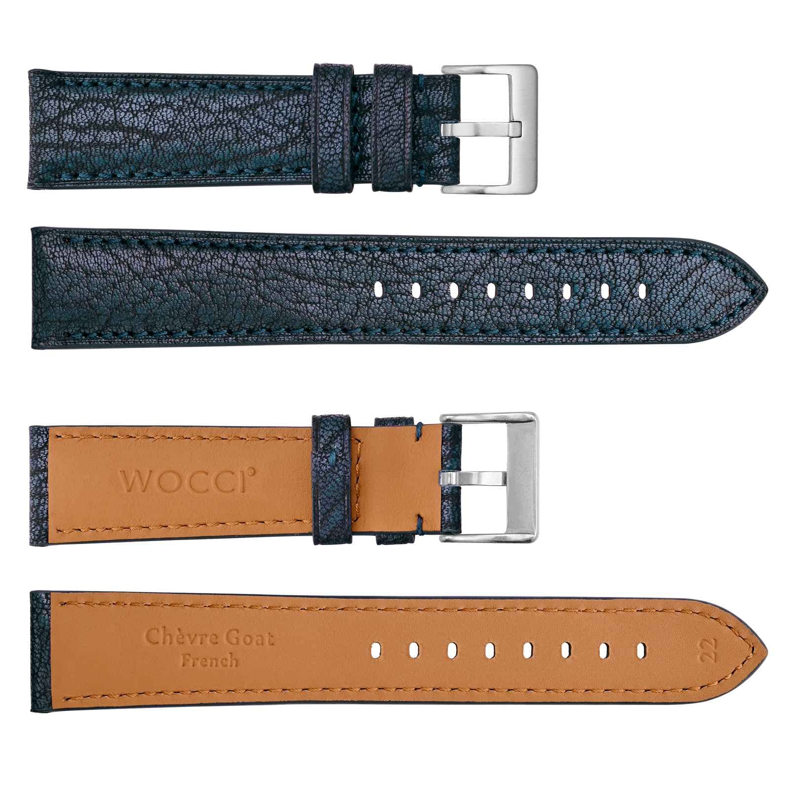 WOCCI 20mm Chevre Watch Band for Men, French Goat Leather Strap, Silver Brushed Buckle (Royal Blue)