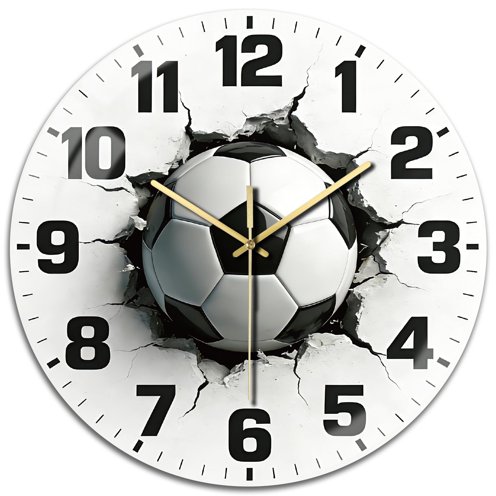peacoblue Wall Clocks Battery Operated 12 Inch Cracked Soccer Ball Glass Round Wall Clock Non Ticking for Kitchen Living Room Dining Room Bedroom and Bathroom Decor (battery not included)