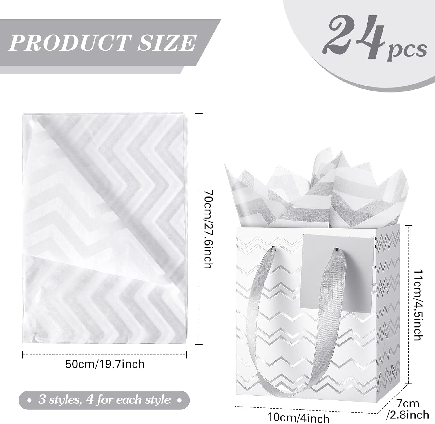 Tenare 24 Small Gift Bags Mini Metallic Party Paper Bags Bulk Tiny with Handles Tissue Paper for Jewelry Gift Wrap Wedding Holiday Birthday Graduation(4×2.75×4.5 Inch,White Silver) image 2