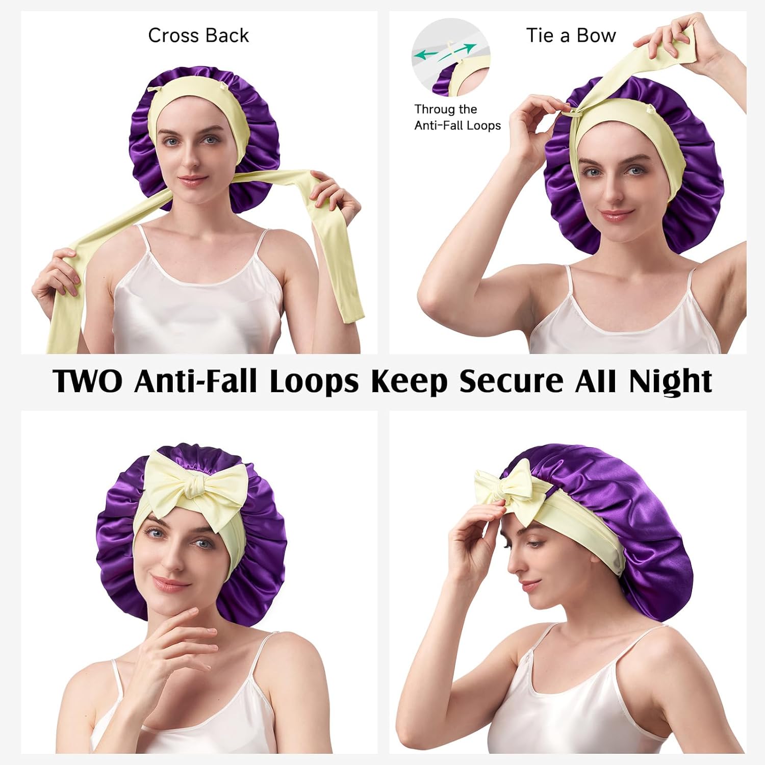 YFONG 100% 22 Momme Mulberry Silk Bonnet for Sleeping Women, Larger Double Layer Silk Hair Wrap for Curly Short Long Hair, Non-Slip Sleep Cap Turban with Elastic Tie Band (Purple & Yellow) - Image 6