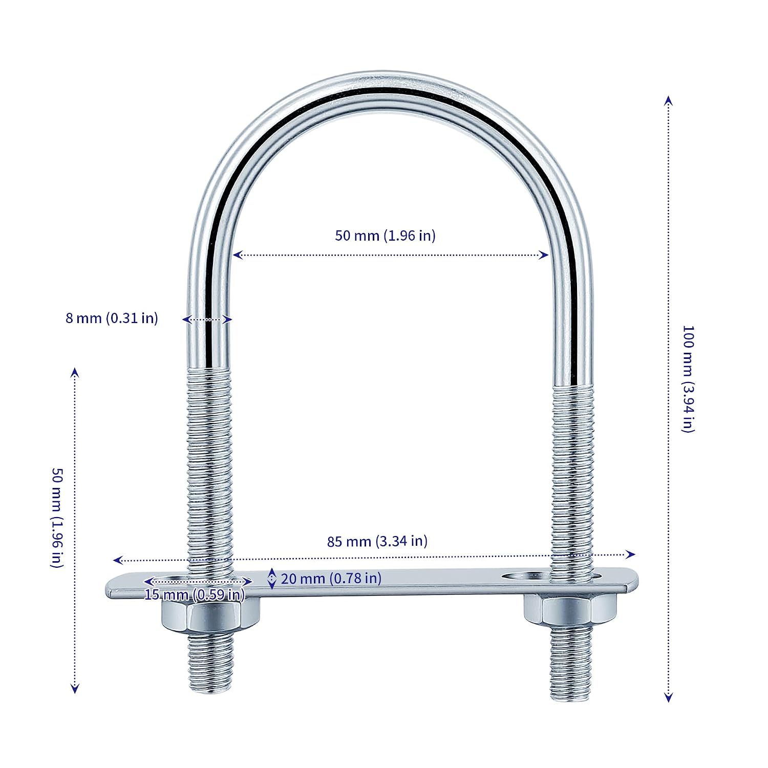 SOUJAP 10 Set M8 x 50 x 100mm U Bolt, Zinc Plated Steel U Clamp with Washers and Nuts for Construction, Trailer, Boat Trail, Silver