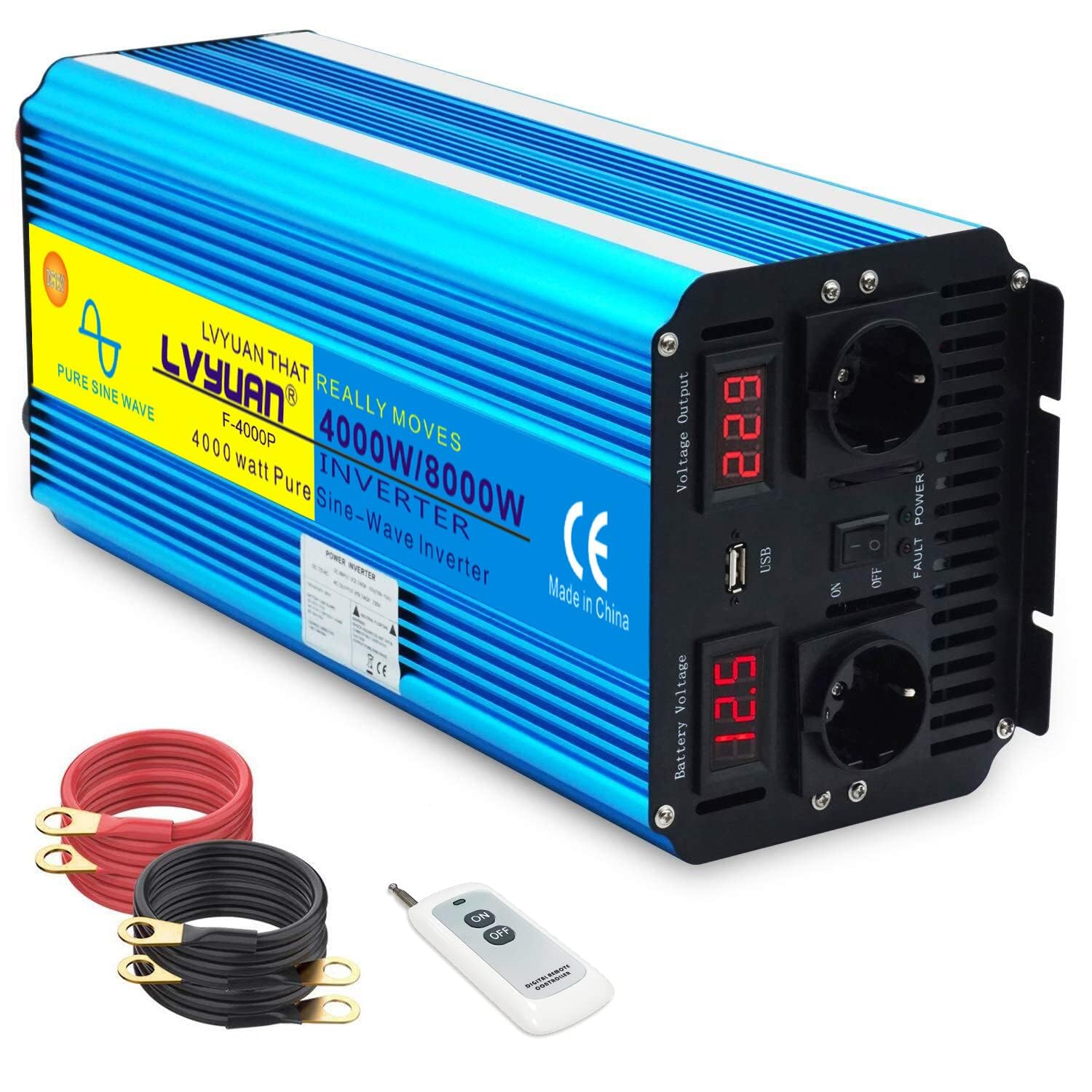 Yinleader 4000W /8000W Inverter 12v 220v/230v Onda Sinusoidale Pura Convertitore di Tensione Trasformatore Con 2 Prese EU e Una USB, Telecomando Senza Fili 2 LED