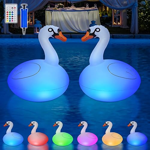 Miniatura 1 de Luces solares flotantes para piscina con control remoto, 2 luces de piscina de cisne impermeables, 4 modos que brillan en la oscuridad, luces LED de