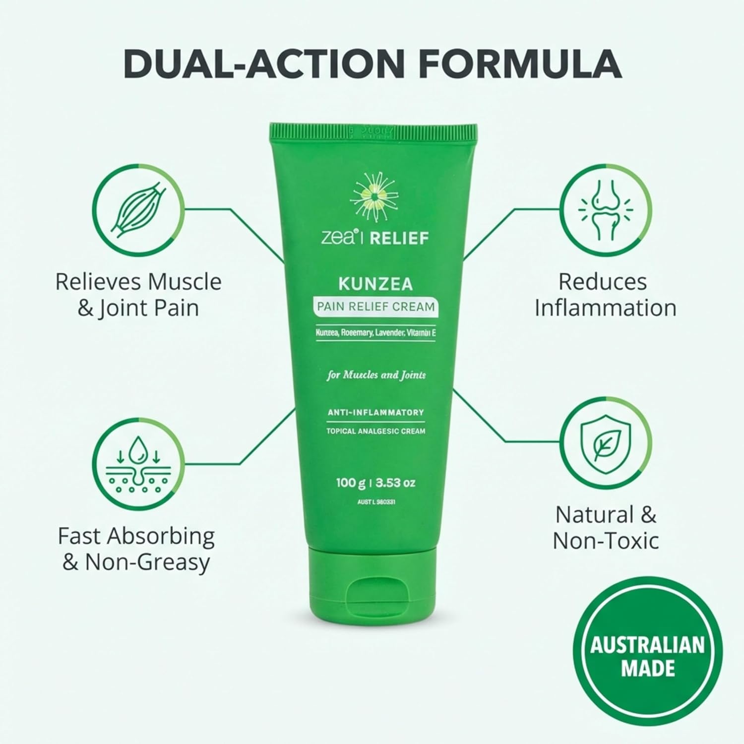 Zea Relief Kunzea Pain Relief Cream, 100 g – Natural Anti-Inflammatory Formula for Muscle, Joint & Nerve Pain – Enriched with Vitamin E, Rosemary & Tasmanian Lavender – Sore Muscle & Arthritis Relief