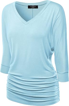 Made By Johnny Womens Casual Boat Neck and V-Neck 3/4 Sleeve Draped Dolman Top with Side Shirring Premium Shirt