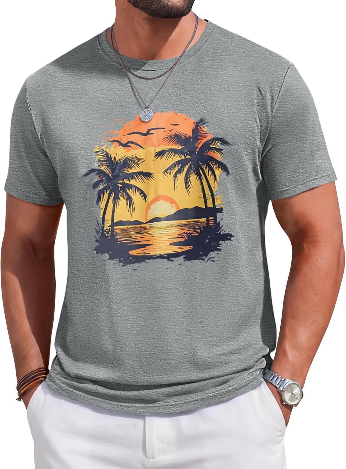 Runcati Mens Short Sleeve T-Shirts Crew Neck Casual Graphic Shirt Summer Beach Palm Tree Sunset Printed Vintage Hawaiian Tees