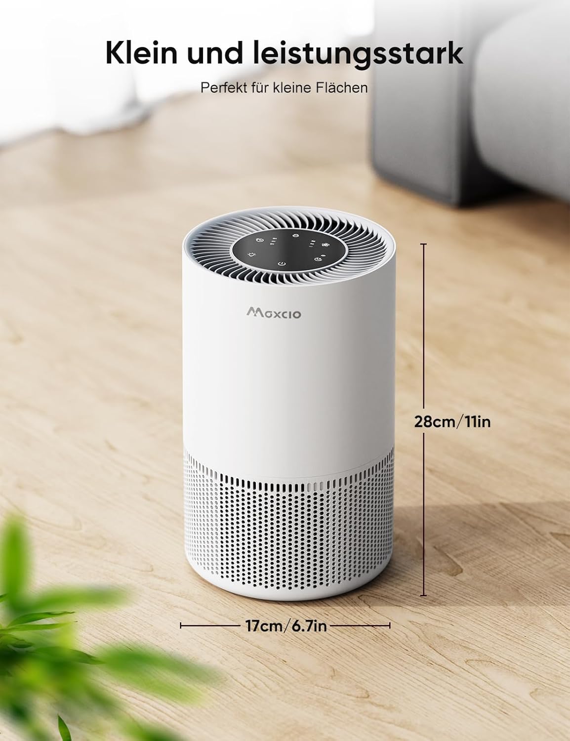 Maxcio Air Purifier dimensions: 17.3cm width, 28cm height