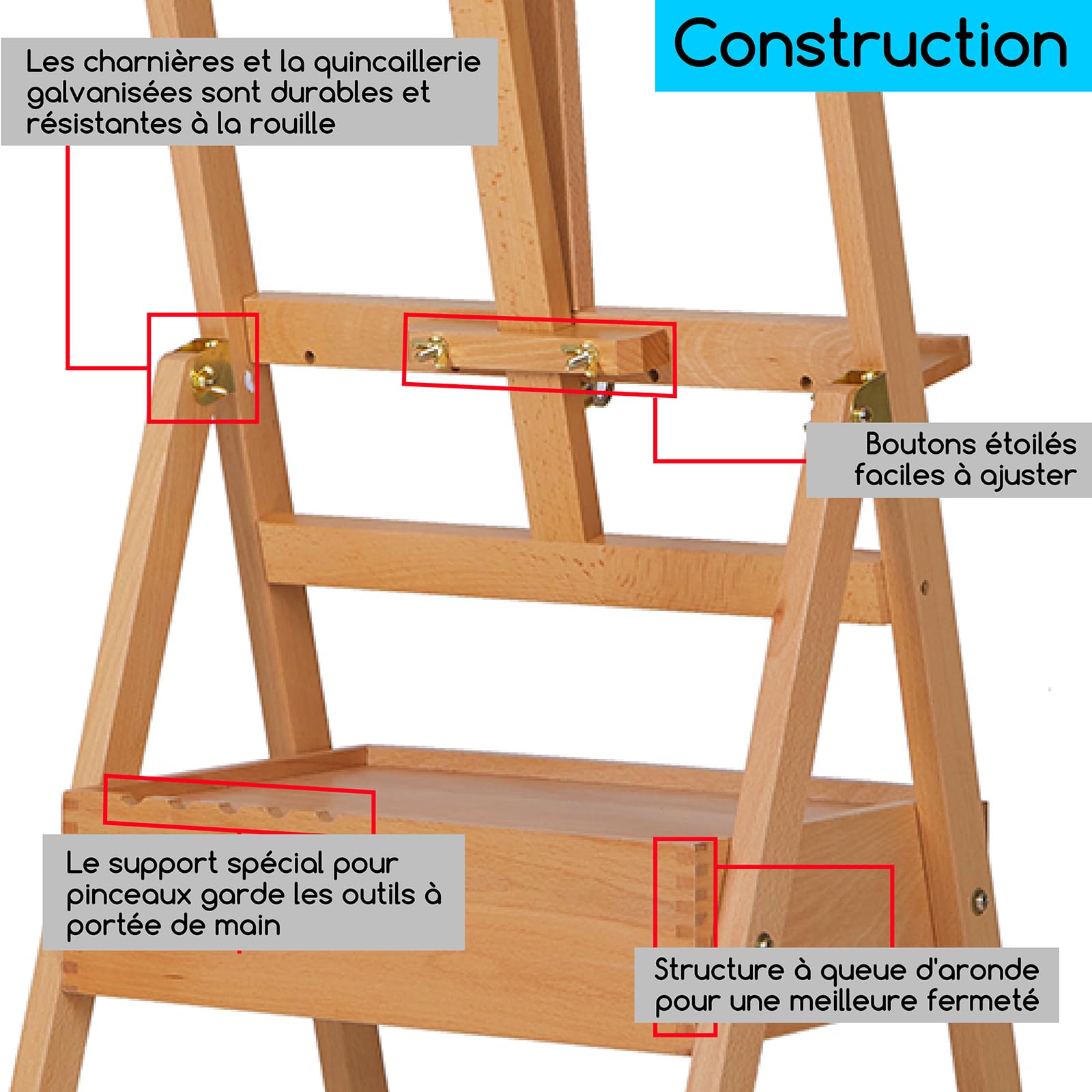 MEEDEN Chevalet de Peinture en Bois avec Tiroir de Rangement : Chevalet de Studio en H Réglable en Hêtre, Grand Support de Peinture Pliable – Adapté aux Toiles jusqu'à 91 cm, Bois naturel