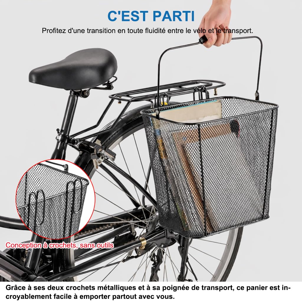 CXWXC Panier de vélo avec poignée – Paniers métalliques amovibles pour l'arrière de grande capacité – Montage facile et facilité de transport pour le porte-vélos