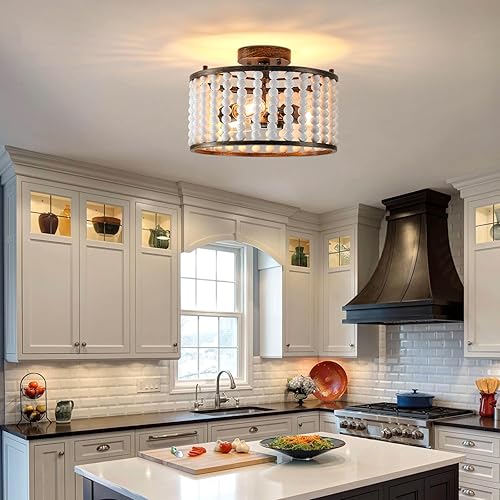 Miniatura 5 de Lámpara de techo semiempotrada con cuentas de madera bohemia con acabado blanco rústico para dormitorio, cuarto de bebé, habitación de niñas,