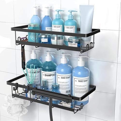 Mycuppca Organizador de ducha, paquete de 2 organizadores adhesivos de ducha de baño, estantes de ducha negros con ganchos, estante de ducha de
