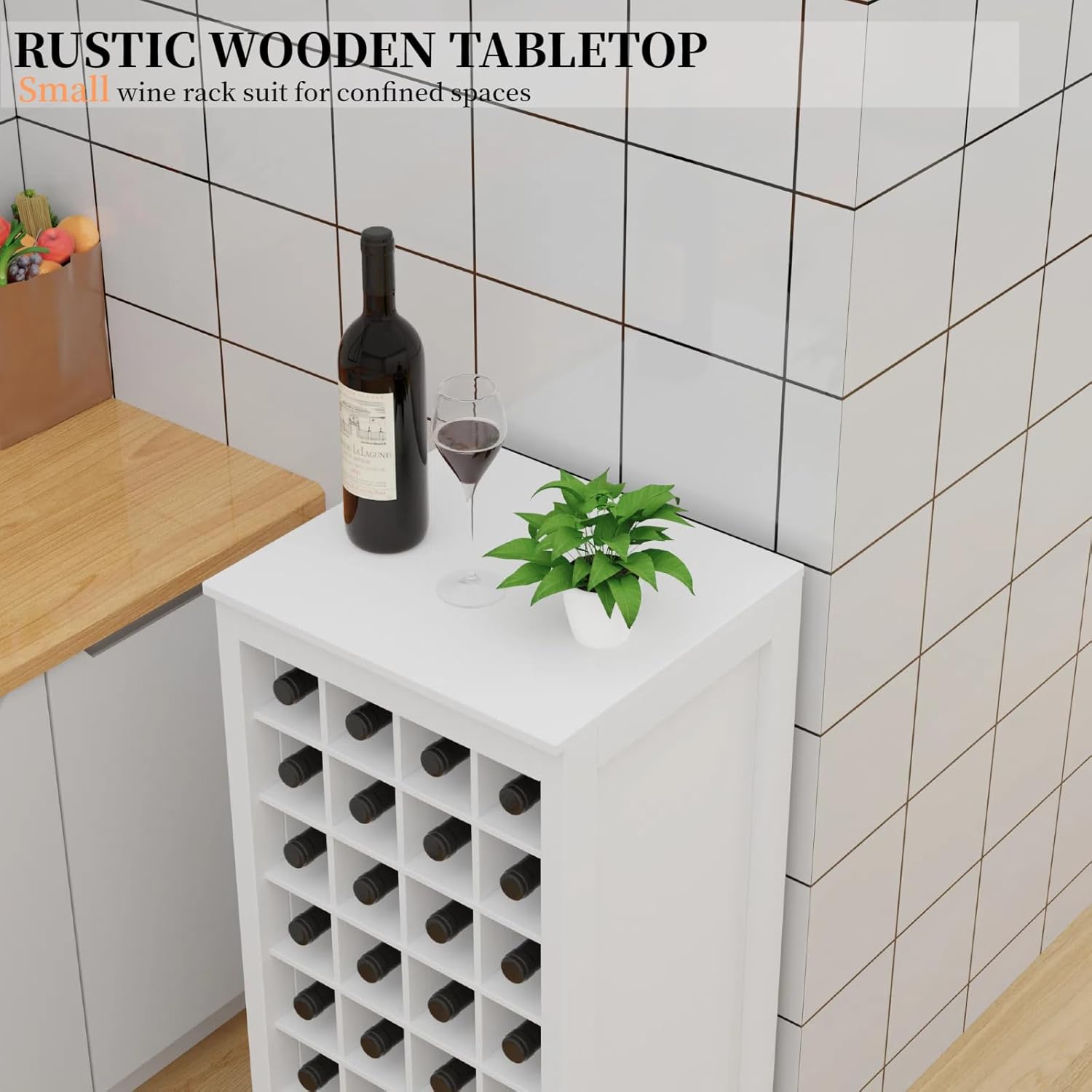 WERSMT 8-Tier Freestanding Wine Rack Wood, 32 Bottles Wine Rack Counter for Small Space, Farmhouse Stackable Modular Wine Bottle Holder Rack, White