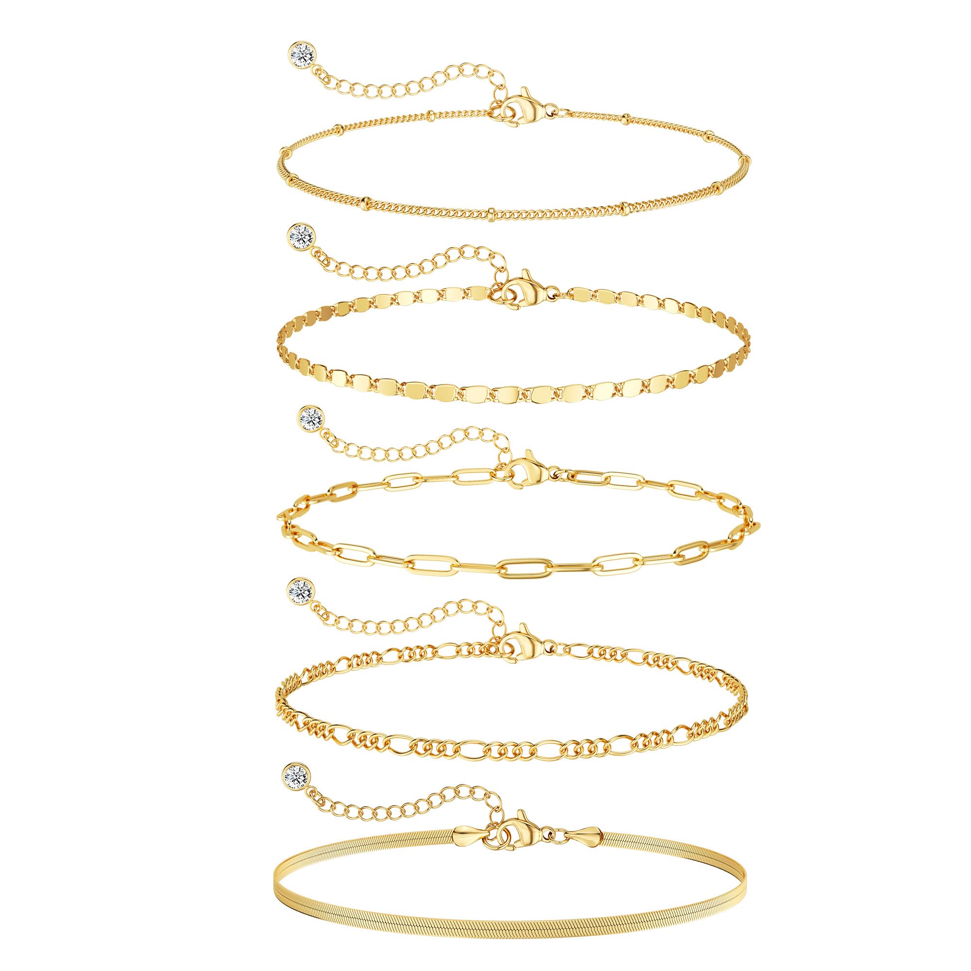 Dainty Gold Bracelets for Women Waterproof, Stackable 14K Gold Plated Waterproof Rope Cuban Snake Paperclip Figaro Link Chains, Non Tarnish Jewelry Set Gifts