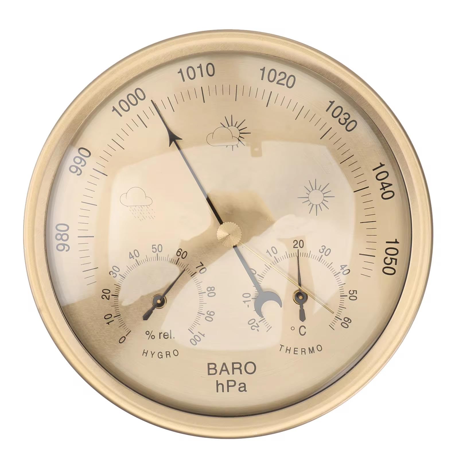 Barometr, barometr wewnętrzny, barometr, higrometr, 3 w 1, analogowa stacja pogodowa, barometr wybierania 132 mm, barometr pogodowy, do domu, wewnątrz, biura, dekoracja ścienna (złoty)