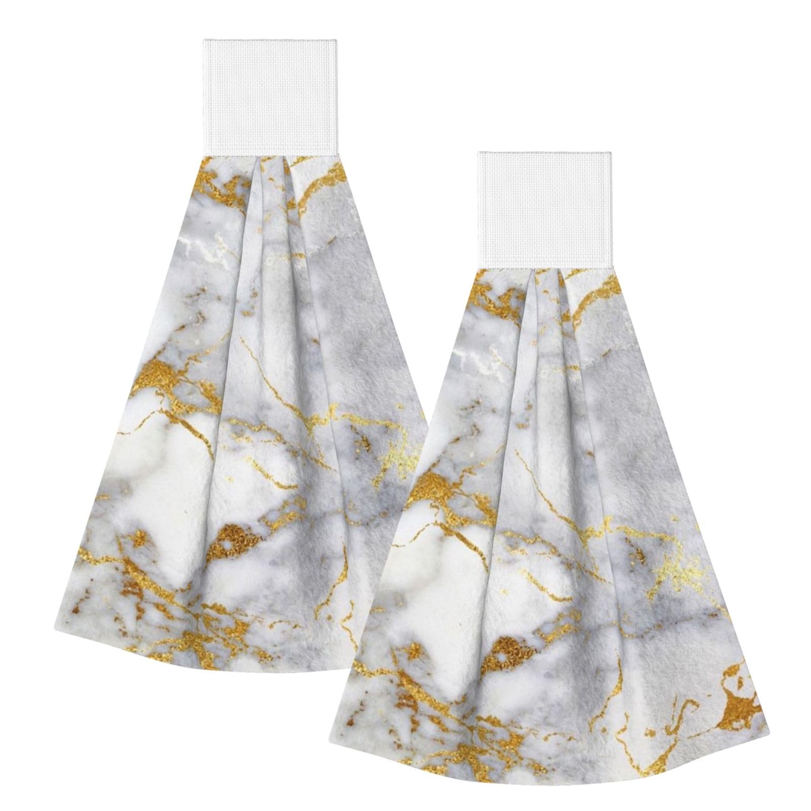 DOPKLNA Italian Gold Marble, 2 Pcs Hanging Coral Fiber Hand Towels for Bathroom, Absorbent Kitchen Towels