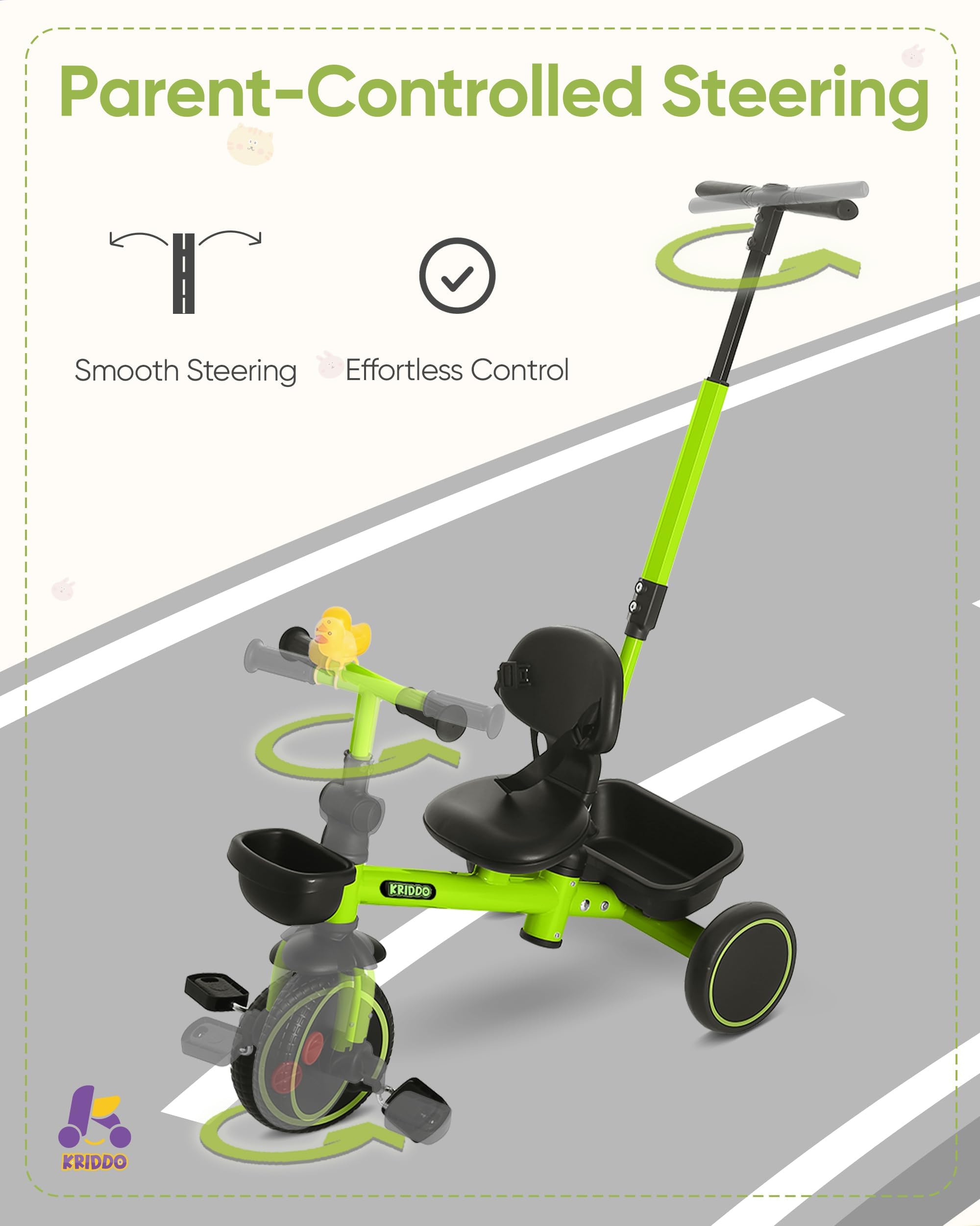 Triciclo 2 en 1 para niños pequeños de 1.5 a 5 años, triciclo de empuje con dirección para padres y mango desmontable, manubrio ajustable de 9 etapas, triciclo para niños pequeños con cinturón 3