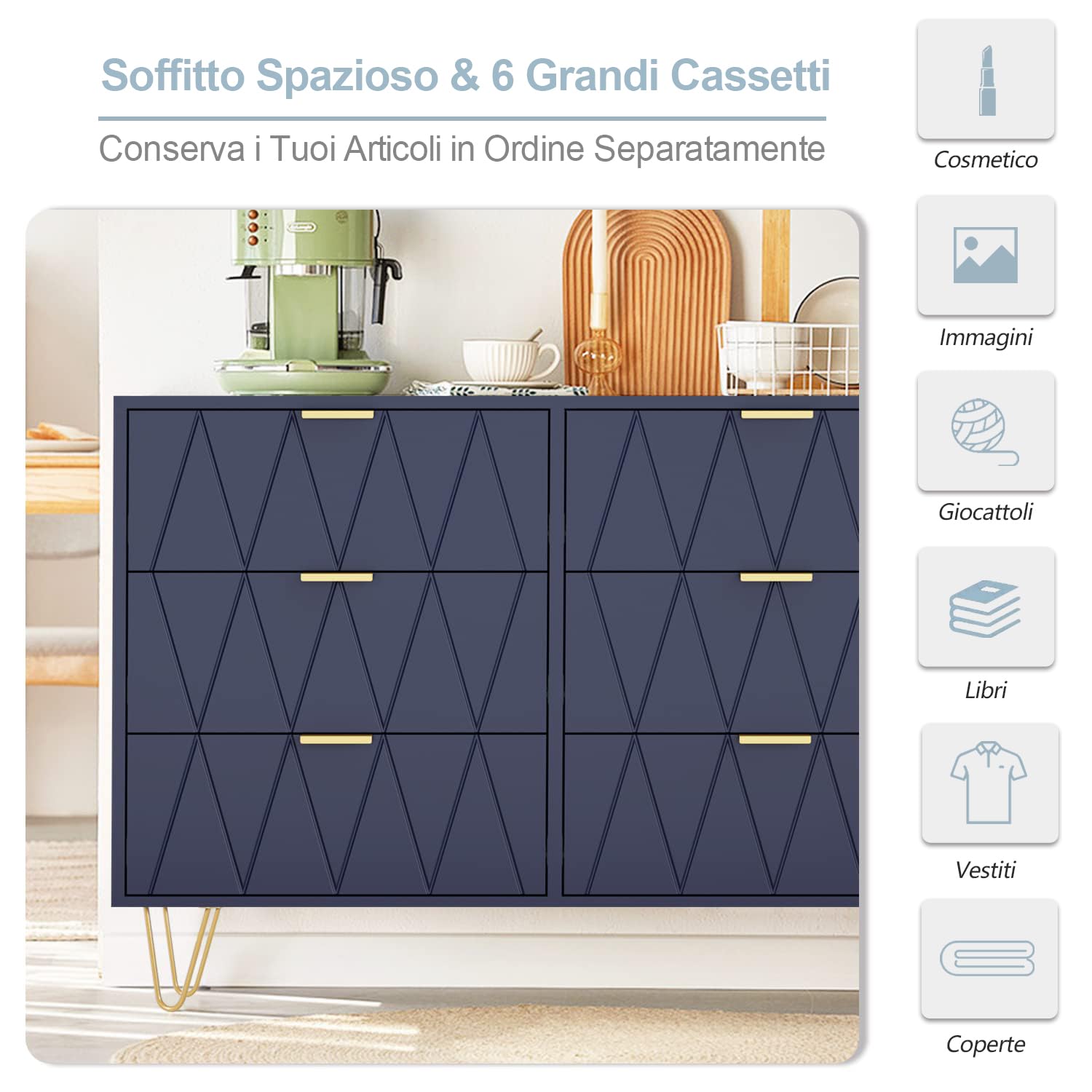 UEV Cassettiera 6 Cassetti, Comò in Legno ingegnerizzato, Mobile Cassettiera Salvaspazio per Camera da Letto, Soggiorno, 100 x 34 x 73cm, Blu