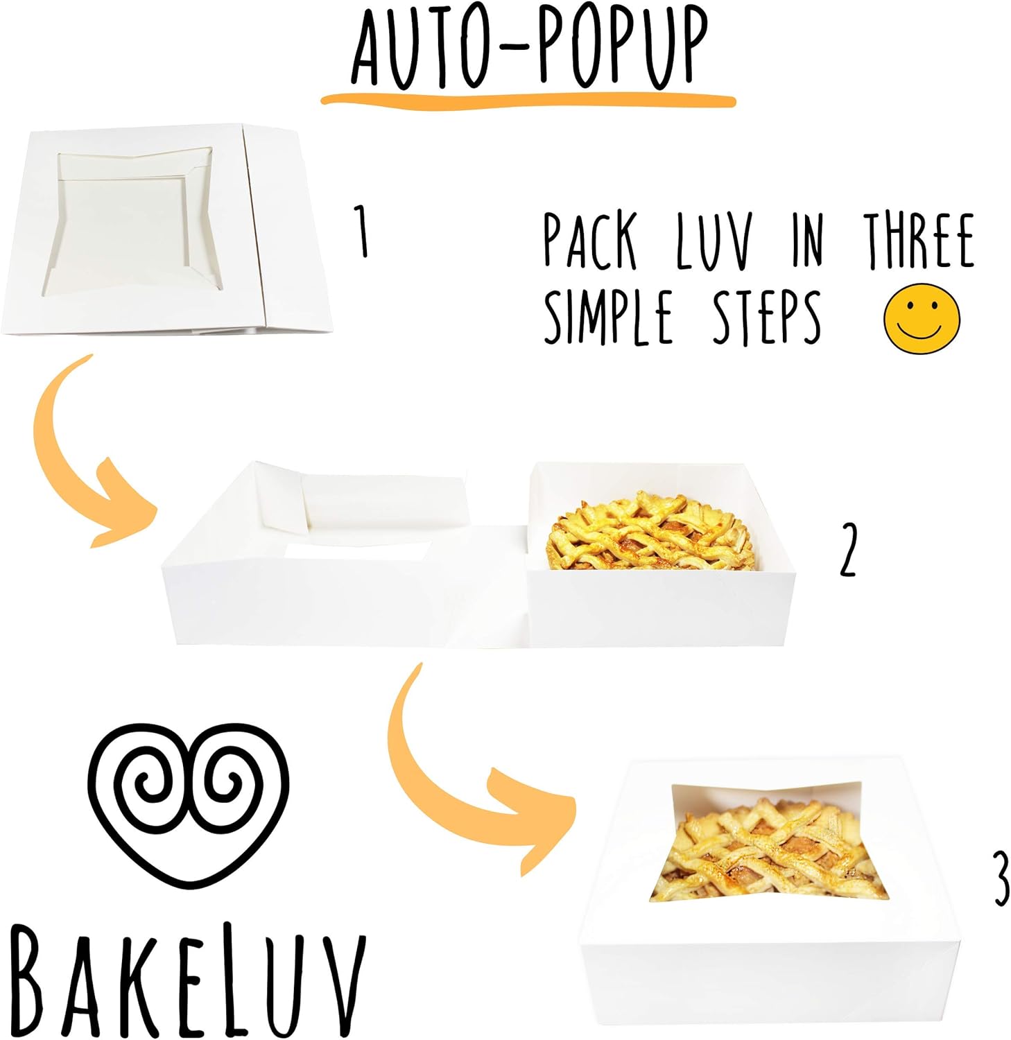 BAKELUV 8x8x2.5” White Bakery Boxes With Window | 100 Pack | Pastry Boxes with Window, Boxes for Strawberries, Dessert Boxes, Bakery Take Out Containers, 8x8 Bakery Boxes 8x8 Pastry Boxes