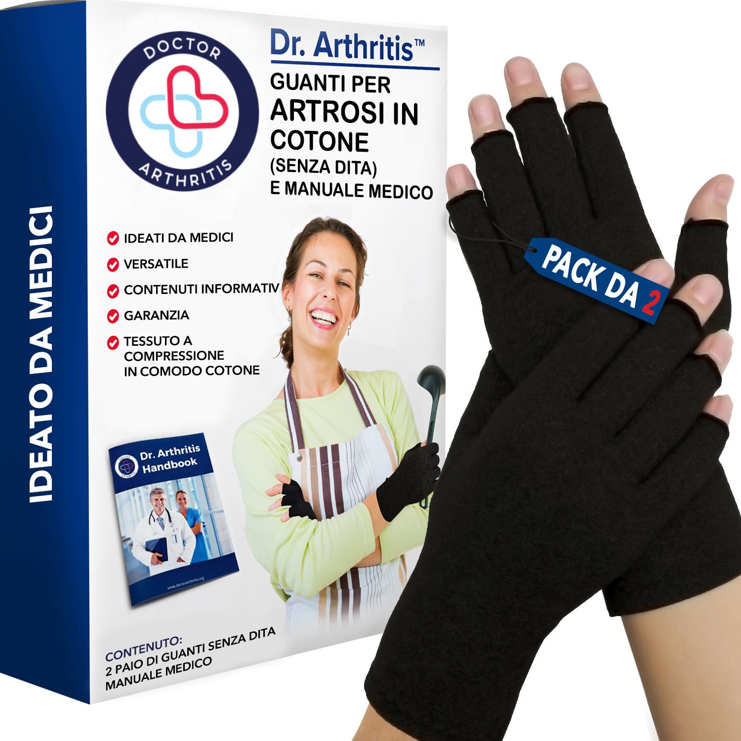 Guanti per Artrosi alle Mani Ideati da Medici – Tutore Tunnel Carpale per Intorpidimento, Gonfiore e Infiammazioni – Polsiera Ortopedica a Compressione, Senza Dita e in Cotone (2 Paia, Taglia M)