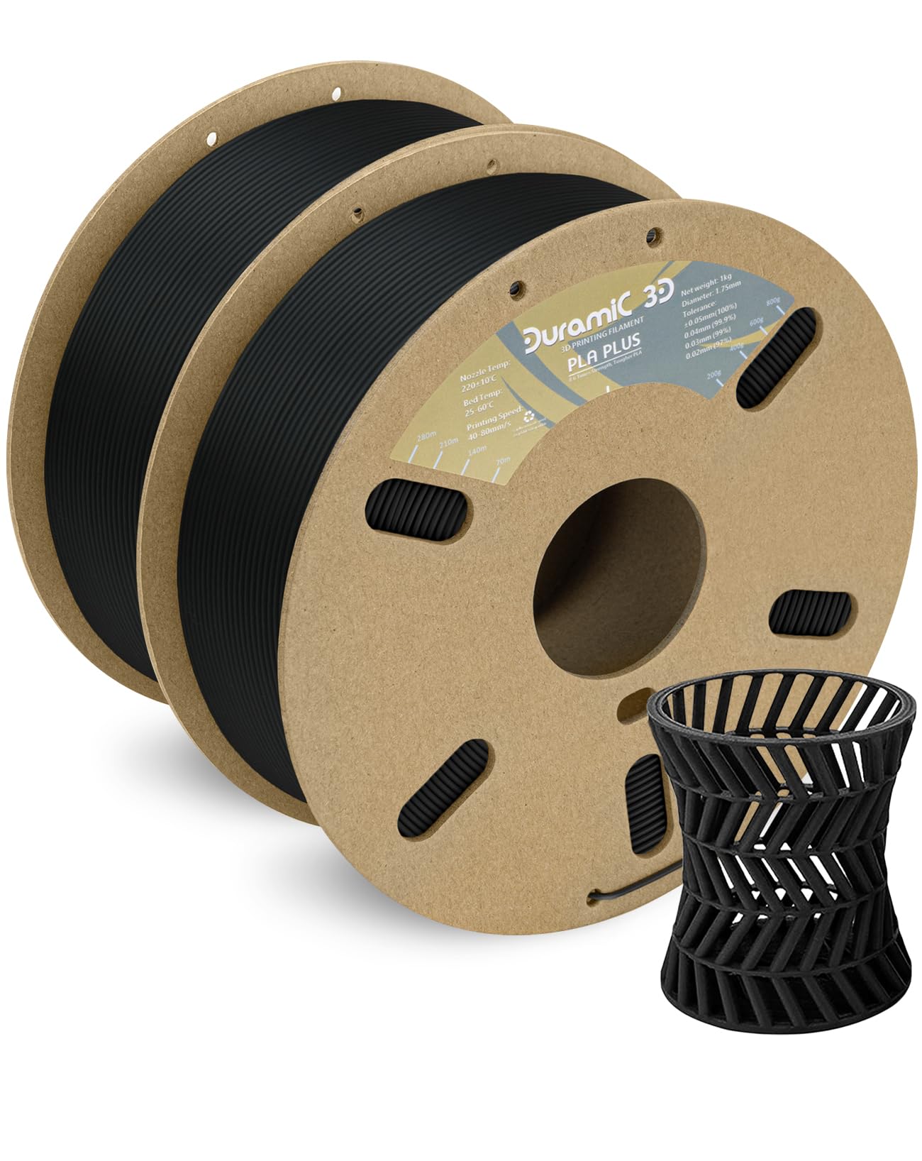 DURAMIC 3D PLA+ Filament 1.75mm 2Kg Black, PLA Plus Filament 2 Pack 1kg Spool(2.2lbs) Tougher and Stronger, Dimensional Accuracy Probability +/- 0.02mm