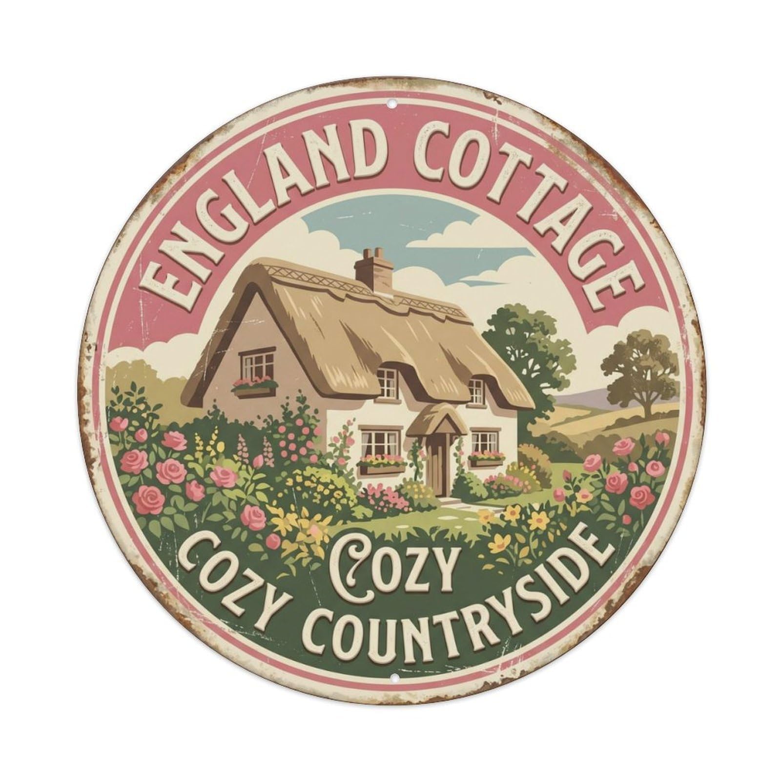 Thatched Cottage Cozy England Countryside Metal Tin Sign Plaque Wall Decor for Cafe, Club Bar, Office, Home Garden Round Metal Poster 8x8Inch