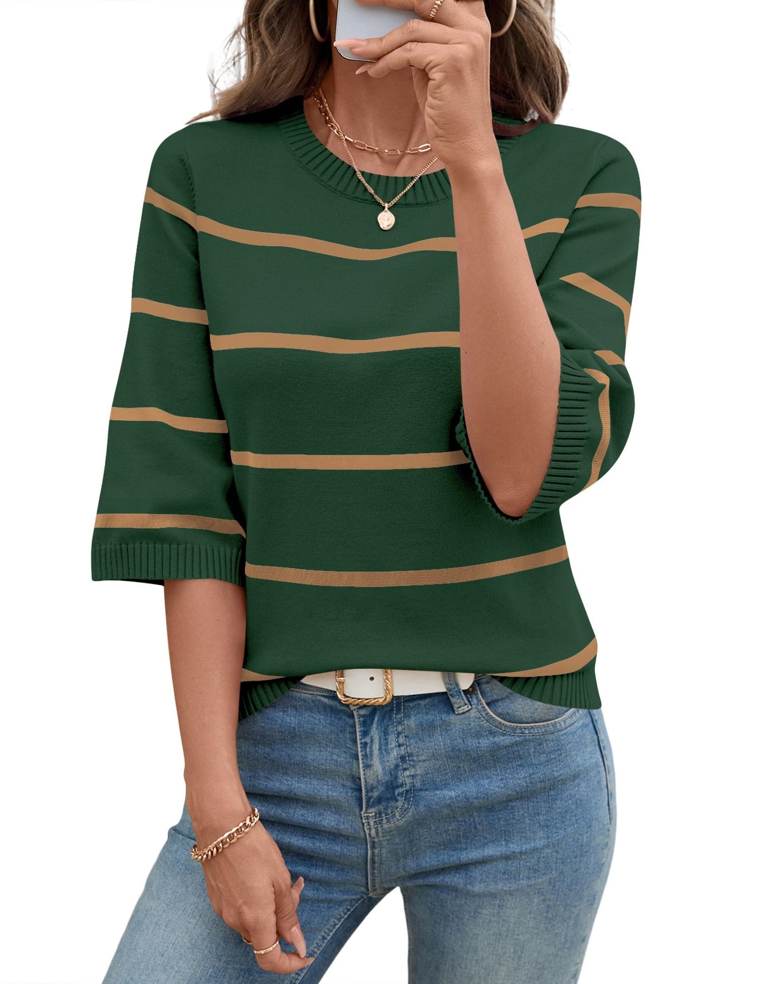 LOMON Womens Sweaters Casual Crew Neck Striped 3/4 Sleeve Lightweight Knit Pullover