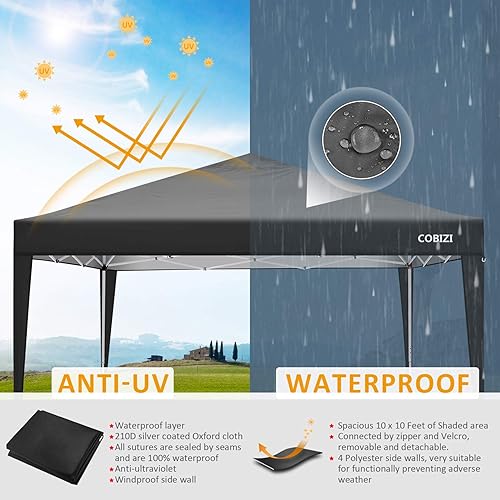 Miniatura 7 de COBIZI Tienda de campaña para exteriores de 10 x 10 pies toldo desplegable de playa y cenador portátil tienda de campaña instantánea comercial