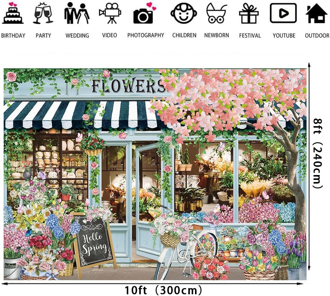 Flowers Shop Backdrop for Photography 10x8FT Spring Florals Butterfly Tea Party Background Hello Spring Banner Decorations Supplies Photo Props