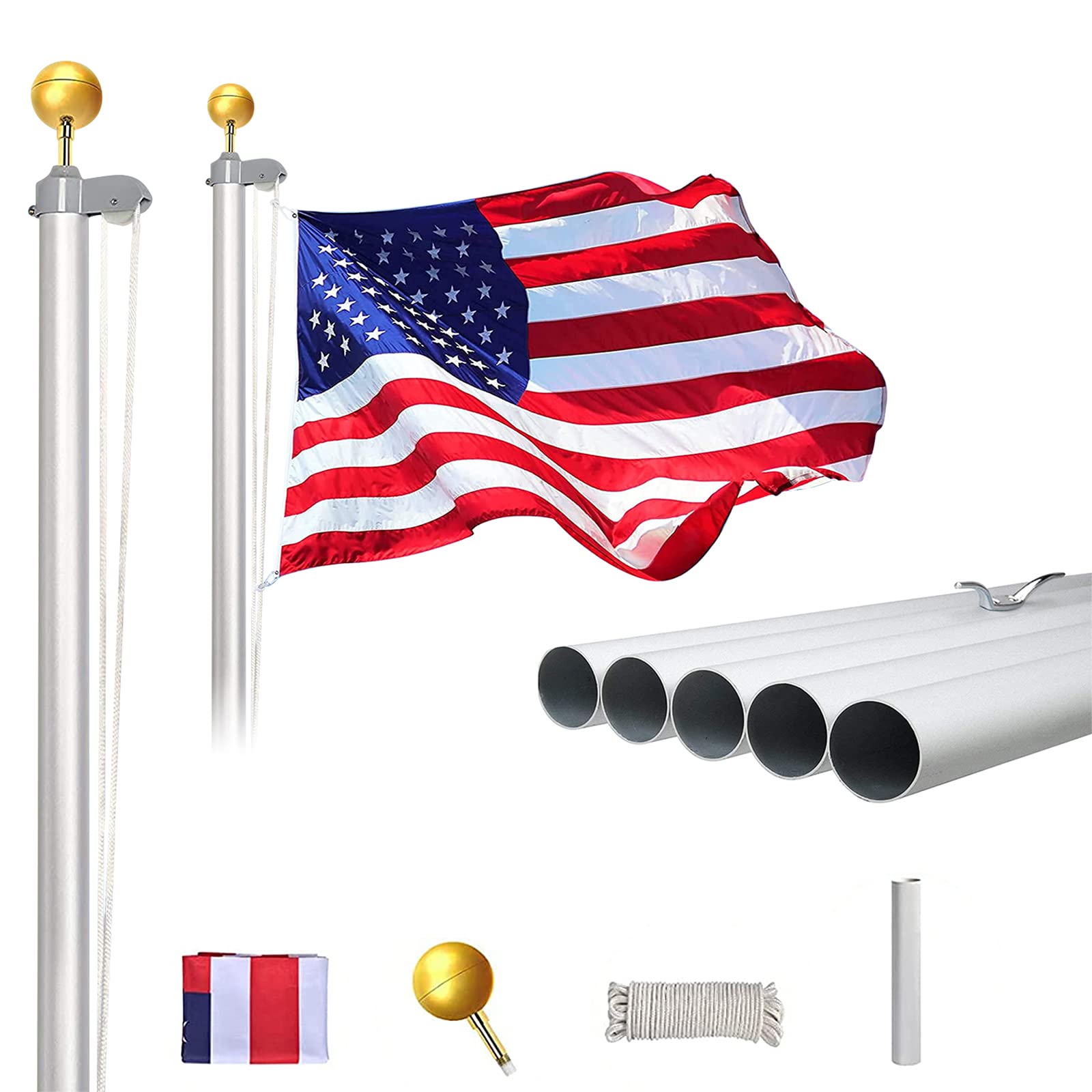 Klvied 20FT Sectional Flag Poles, Heavy Duty Aluminum Flag Pole Kit